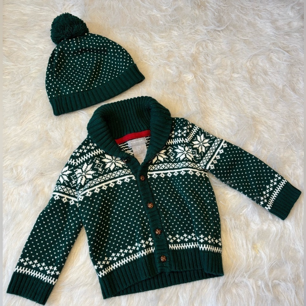 Tahari Green Knit Kids Cardigan and Hat Set